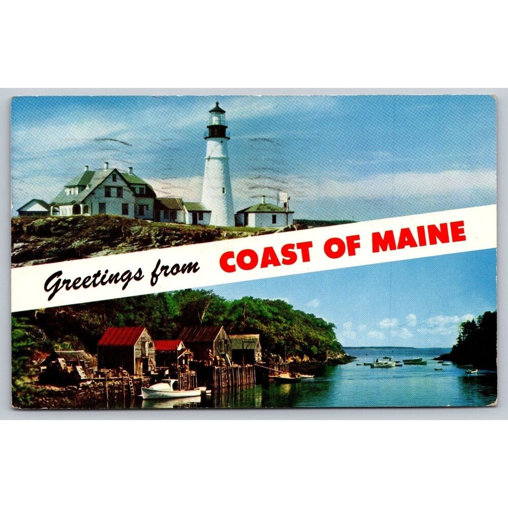 Vtg 1961 'Greetings from Coast of Maine" Postcard Portland Head Light Bromley